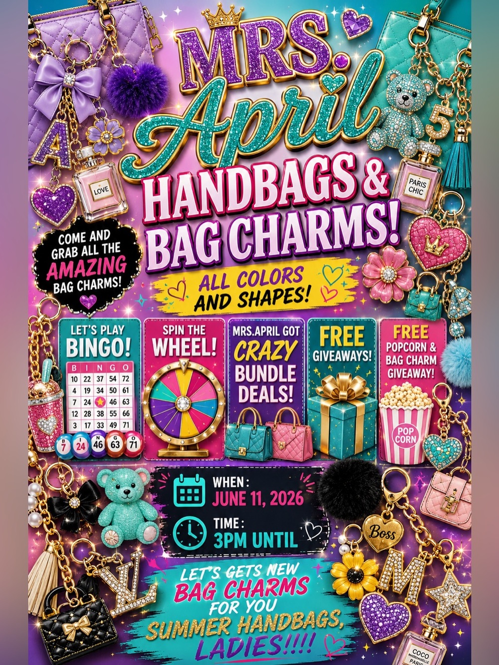 Mrs. April Handbags & Bag Charms — Teal, Purple, Pink, Gold